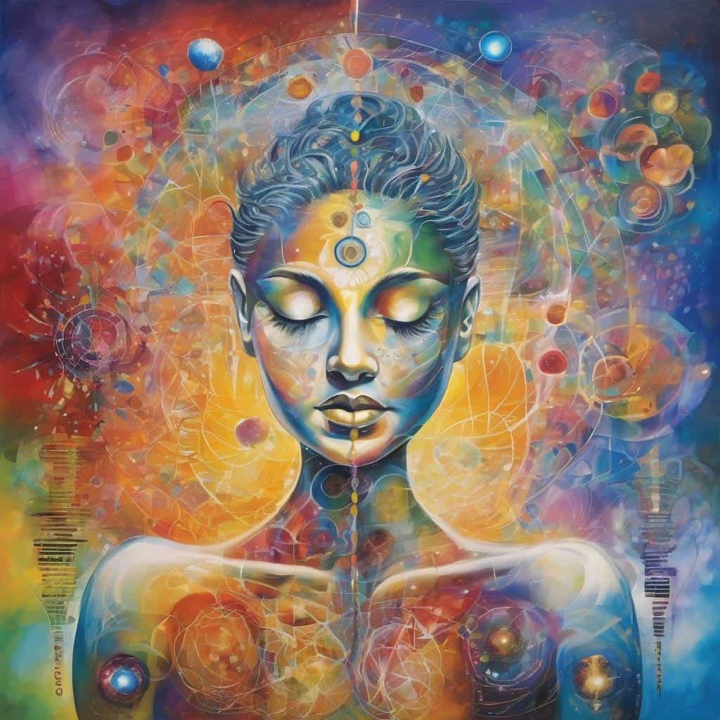 Ψυχεδελική τέχνη, ενέργεια και συνείδηση, αφηρημένες μορφές και χρώματα.