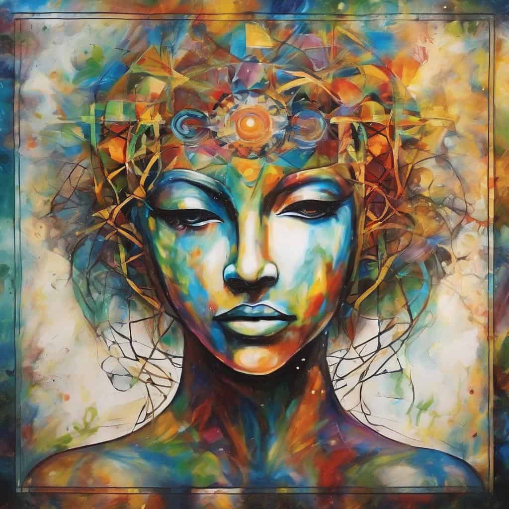 Πολύχρωμο abstract πορτρέτο γυναίκας με βαθιά και ήρεμη έκφραση, σύγχρονη τέχνη και αυτοέκφραση.